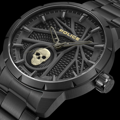 POLICE NEIST MEN'S ALL BLACK GOLD SKULL WATCH - SIDE VIEW