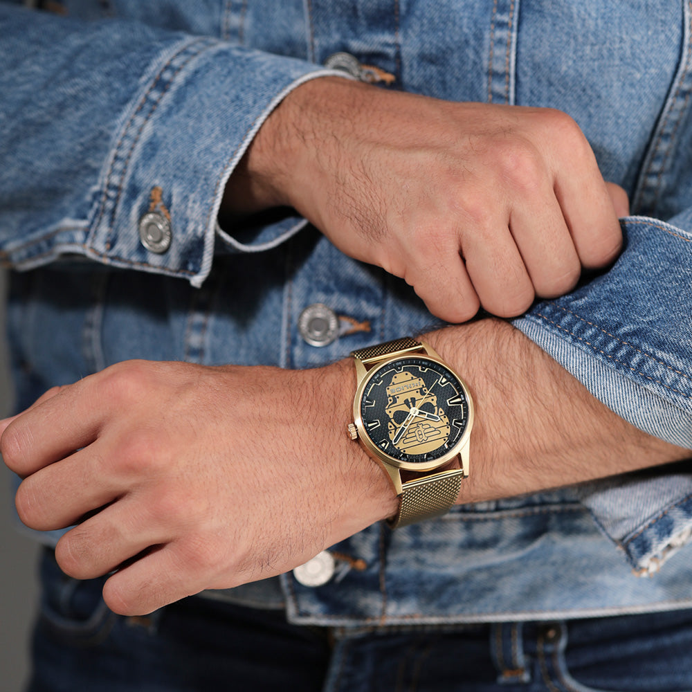 POLICE RISSINGTON MEN'S GOLD SKULL WATCH - WRIST VIEW