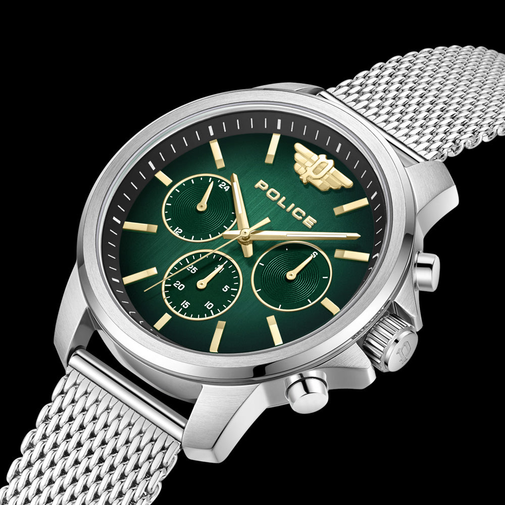 POLICE MENSOR MEN'S SILVER GREEN DIAL WATCH - SIDE VIEW