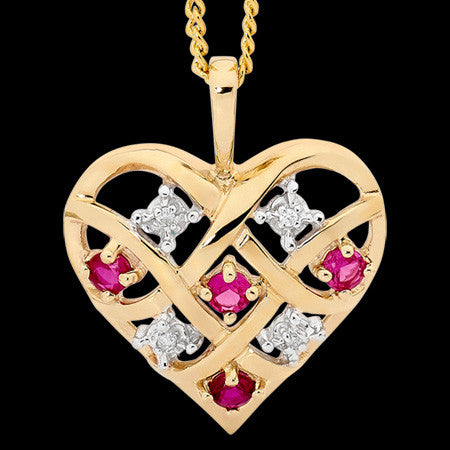 9 KARAT GOLD RUBY & DIAMOND DREAMWEAVER HEART NECKLACE