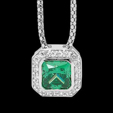 ELLANI STERLING SILVER CUSHION EMERALD CZ PAVE NECKLACE