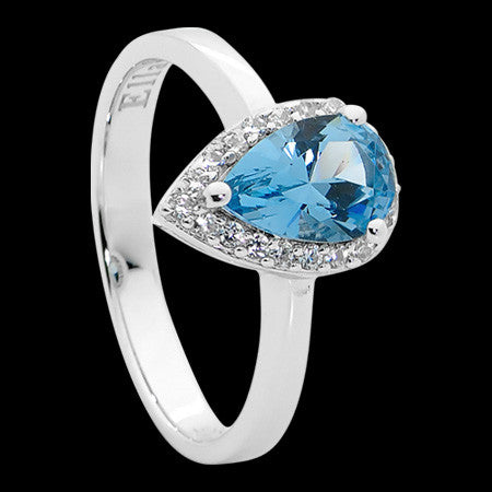 ELLANI STERLING SILVER PEAR SKY BLUE CZ PAVE RING