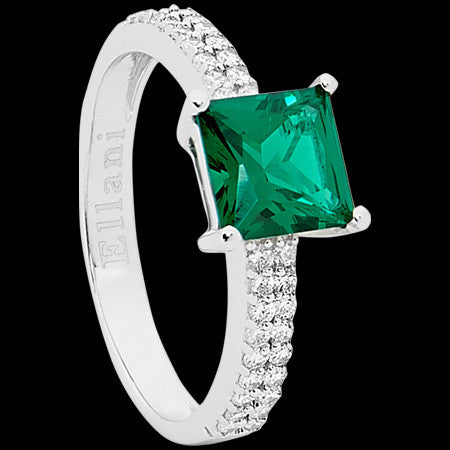 ELLANI STERLING SILVER PRINCESS EMERALD CZ PAVE RING