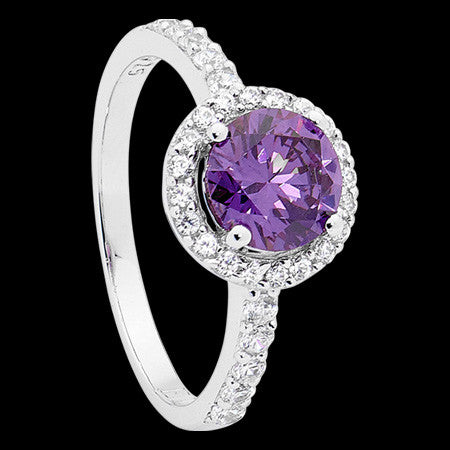 ELLANI STERLING SILVER HALO PAVE AMETHYST RING