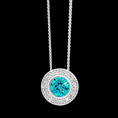 ELLANI STERLING SILVER HALO AQUAMARINE CZ BEZEL NECKLACE