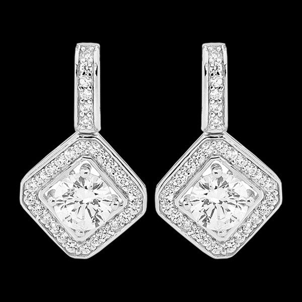 ELLANI STERLING SILVER DIAMOND CUSHION CZ SOLITAIRE PAVE EARRINGS