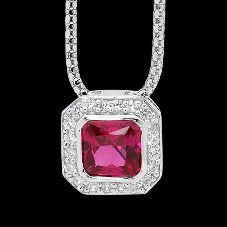 ELLANI STERLING SILVER CUSHION RUBY CZ PAVE NECKLACE