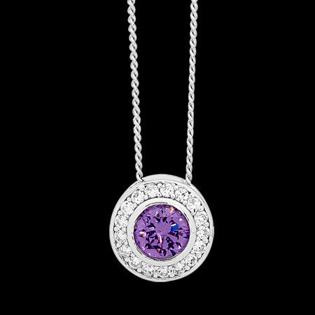 ELLANI STERLING SILVER HALO AMETHYST CZ BEZEL NECKLACE