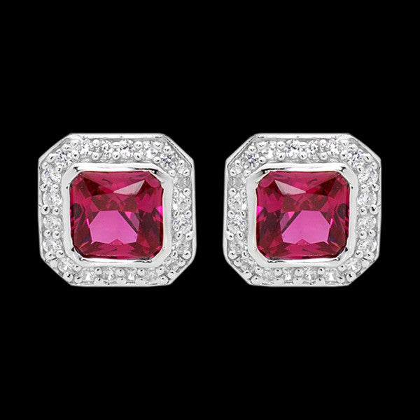 ELLANI STERLING SILVER CUSHION RUBY CZ PAVE EARRINGS