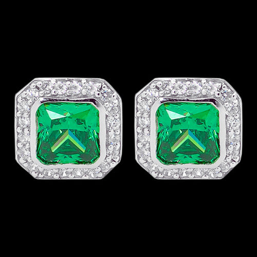 ELLANI STERLING SILVER CUSHION EMERALD CZ PAVE EARRINGS