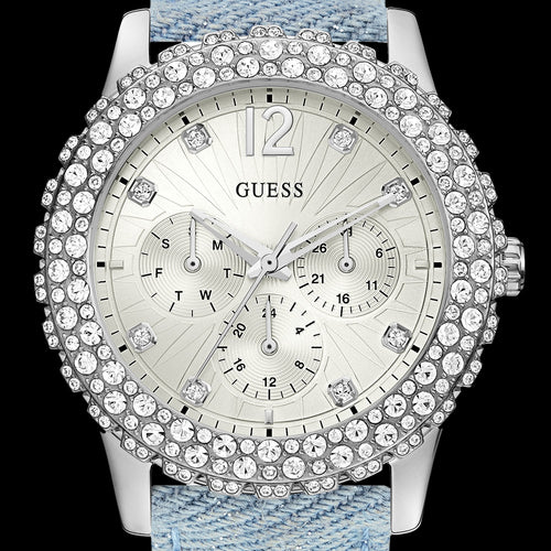 GUESS DAZZLER SKY BLUE CHAMBRAY DENIM LADIES SPORT WATCH - CLOSE-UP
