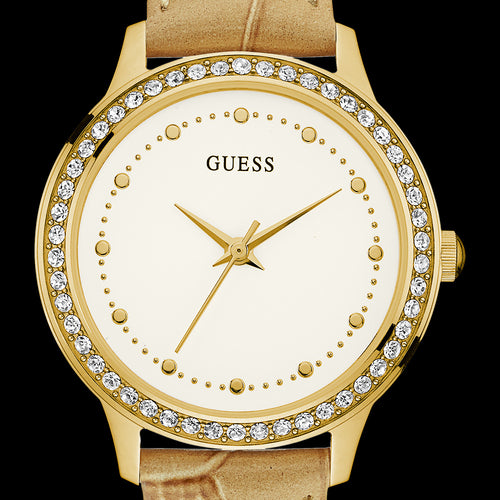 GUESS CHELSEA GOLD LADIES LEATHER DRESS WATCH - CLOSE-UP