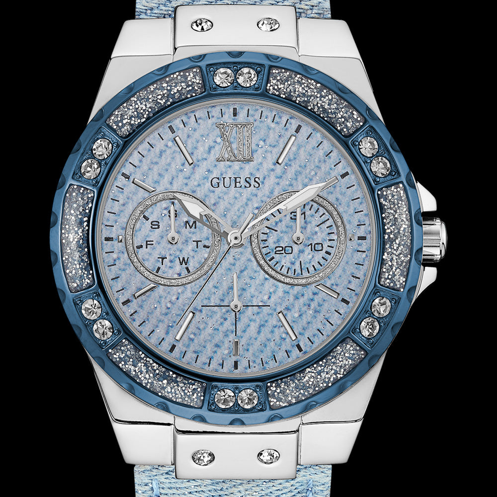 GUESS LIMELIGHT SKY BLUE DENIM CHAMBRAY LADIES SPORT WATCH - CLOSE-UP