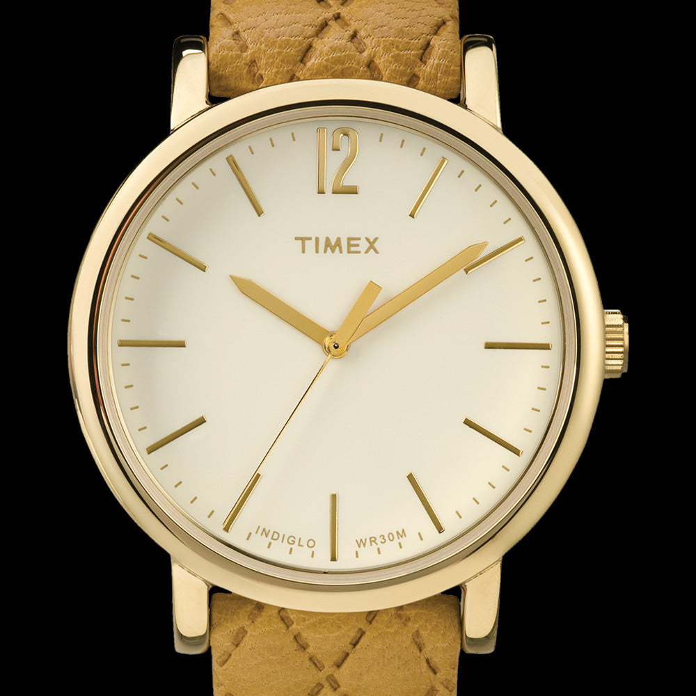 TIMEX ORIGINALS GOLD CASE TAN QUILTED LEATHER STRAP WATCH - DIAL CLOSE-UP