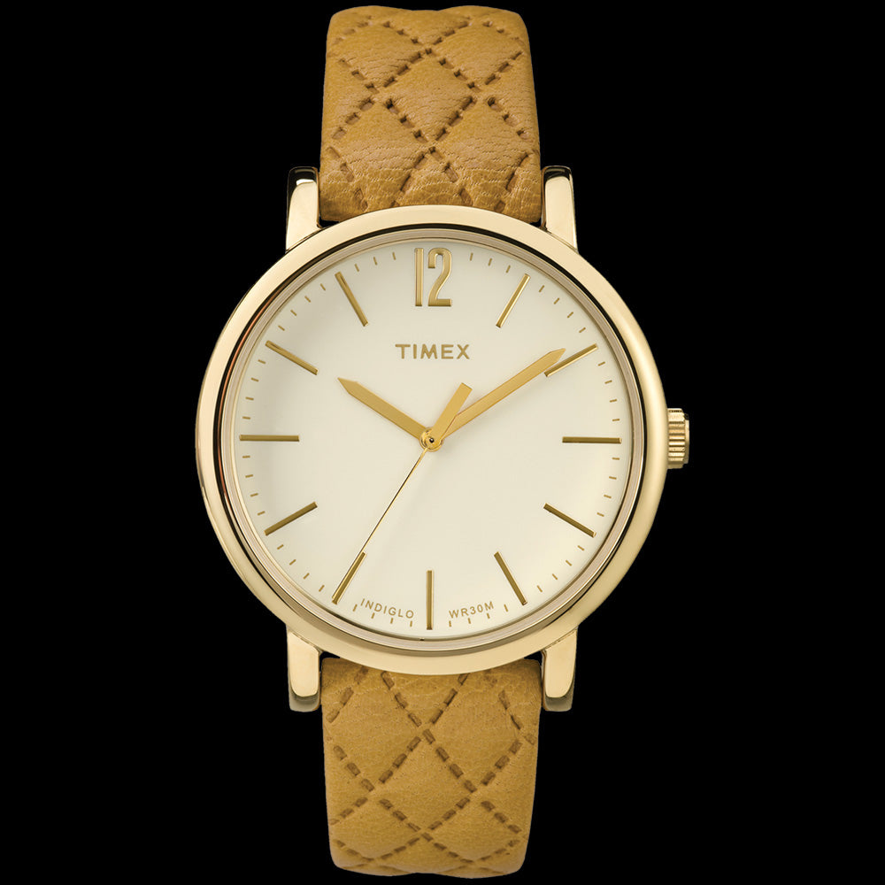 TIMEX ORIGINALS GOLD CASE TAN QUILTED LEATHER STRAP WATCH