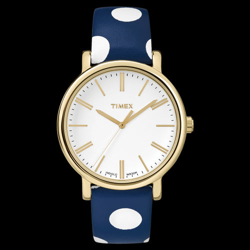 TIMEX ORIGINALS GOLD CASE BLUE POLKA DOT LEATHER WATCH