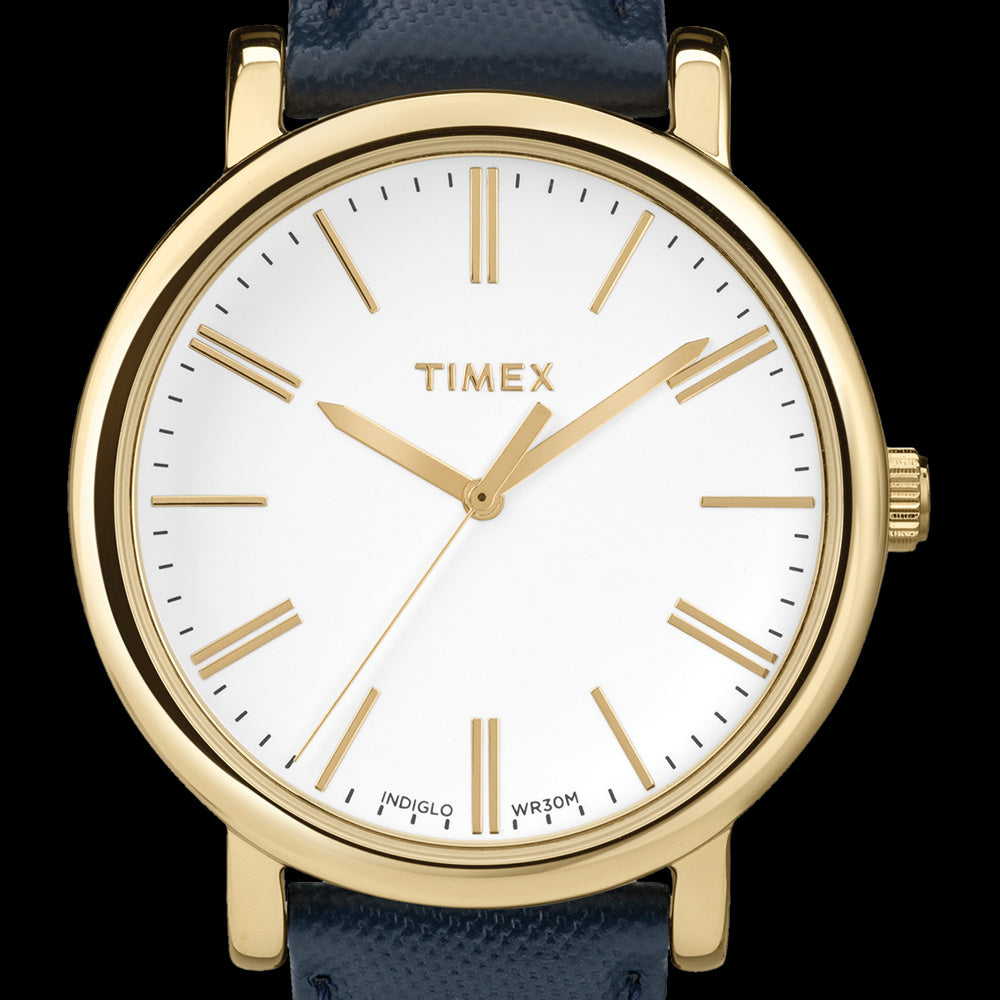 TIMEX ORIGINALS GOLD CASE BLUE STAMPED LEATHER WATCH - DIAL CLOSE-UP