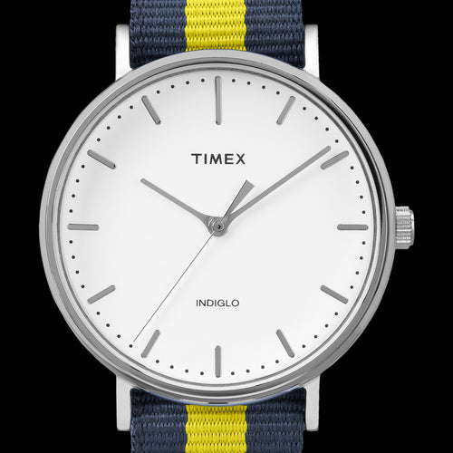 TIMEX WEEKENDER FAIRFIELD SILVER CASE BLUE YELLOW STRAP WATCH - DIAL CLOSE-UP