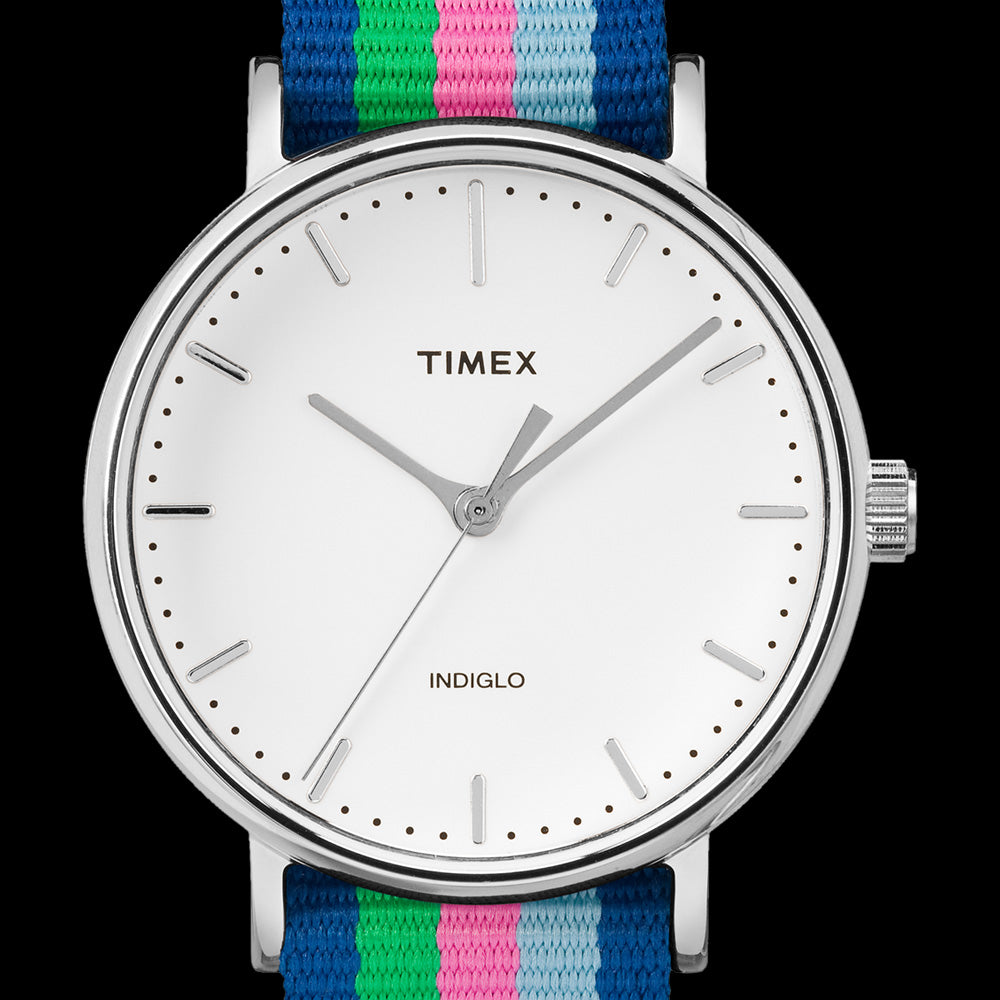 TIMEX WEEKENDER FAIRFIELD SILVER CASE MULTI-COLOUR STRAP WATCH - DIAL CLOSE-UP