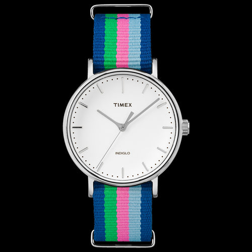 TIMEX WEEKENDER FAIRFIELD SILVER CASE MULTI-COLOUR STRAP WATCH