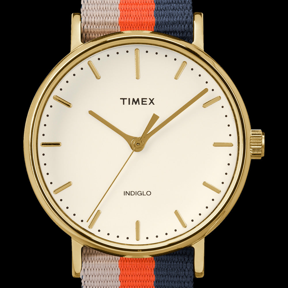 TIMEX WEEKENDER FAIRFIELD GOLD CASE MULTI-COLOUR STRAP WATCH - DIAL CLOSE-UP