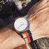 TIMEX WEEKENDER FAIRFIELD GOLD CASE MULTI-COLOUR STRAP WATCH - WRIST VIEW