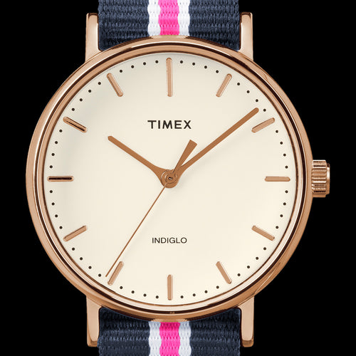 TIMEX WEEKENDER FAIRFIELD ROSE GOLD BLUE PINK STRAP WATCH - DIAL CLOSE-UP