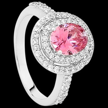 ELLANI STERLING SILVER PINK CZ OVAL DOUBLE HALO RING