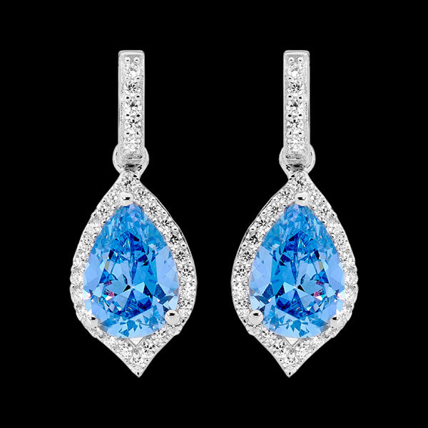 ELLANI STERLING SILVER SWISS BLUE CZ FANCY PAVE DROP EARRINGS