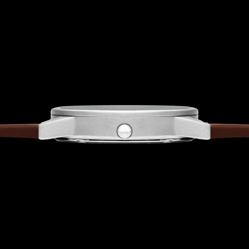 HYPERGRAND 01 SILVER WHITE CLASSIC BROWN LEATHER WATCH - SIDE VIEW