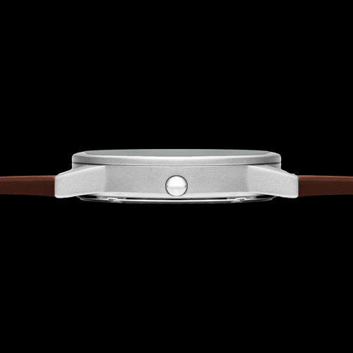 HYPERGRAND 01 SILVER WHITE CLASSIC BROWN LEATHER WATCH - SIDE VIEW