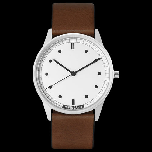 HYPERGRAND 01 SILVER WHITE CLASSIC BROWN LEATHER WATCH