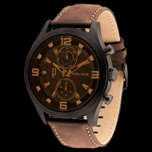 POLICE MEN’S CHIVALRY BLACK CASE BROWN LEATHER WATCH