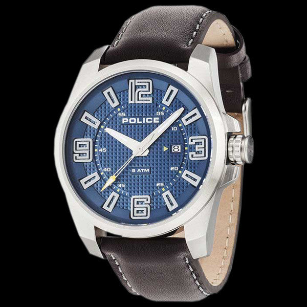 POLICE MEN’S FOCUS BLUE DIAL BROWN LEATHER WATCH