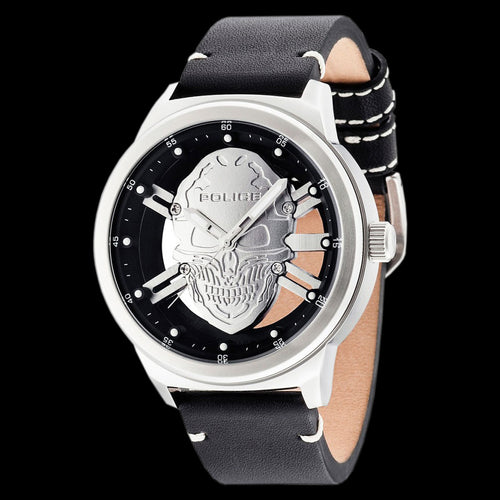 POLICE PREDATOR SKULL MEN'S SILVER DIAL BLACK LEATHER WATCH