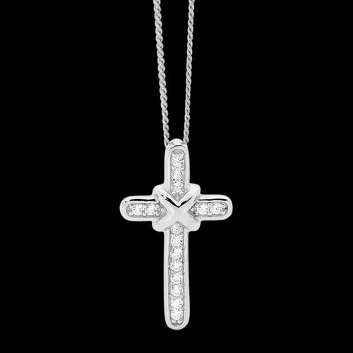 ELLANI STERLING SILVER CZ CROSSOVER CROSS NECKLACE