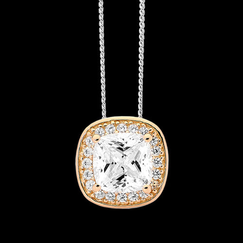 ELLANI STERLING SILVER ROSE GOLD CUSHION CZ PAVE HALO NECKLACE