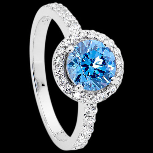 ELLANI STERLING SILVER HALO PAVE SWISS BLUE RING