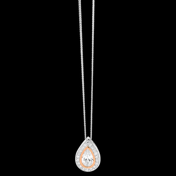 ELLANI STERLING SILVER ROSE GOLD PAVE HALO PEAR NECKLACE