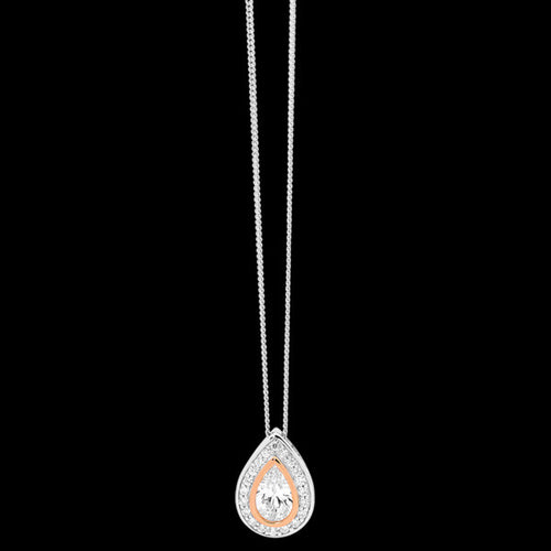 ELLANI STERLING SILVER ROSE GOLD PAVE HALO PEAR NECKLACE