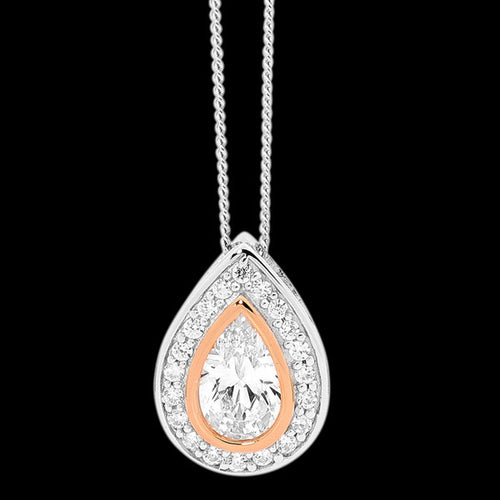 ELLANI STERLING SILVER ROSE GOLD PAVE HALO PEAR NECKLACE