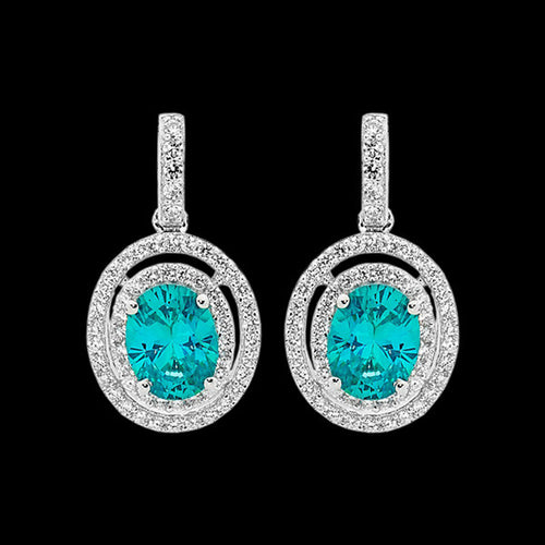 ELLANI STERLING SILVER DOUBLE HALO AQUAMARINE DROP EARRINGS