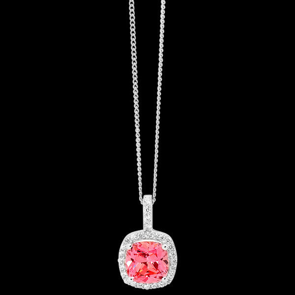 ELLANI STERLING SILVER CUSHION HALO PINK NECKLACE