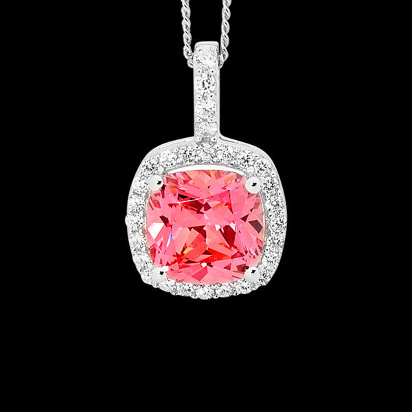 ELLANI STERLING SILVER CUSHION HALO PINK NECKLACE