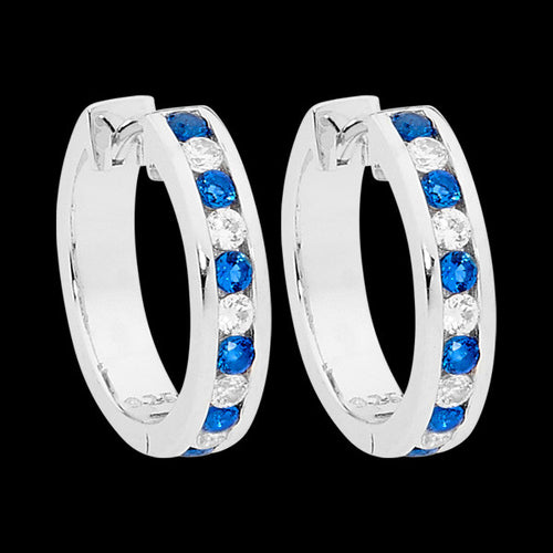 ELLANI STERLING SILVER SAPPHIRE CZ CHANNEL SET HOOP EARRINGS