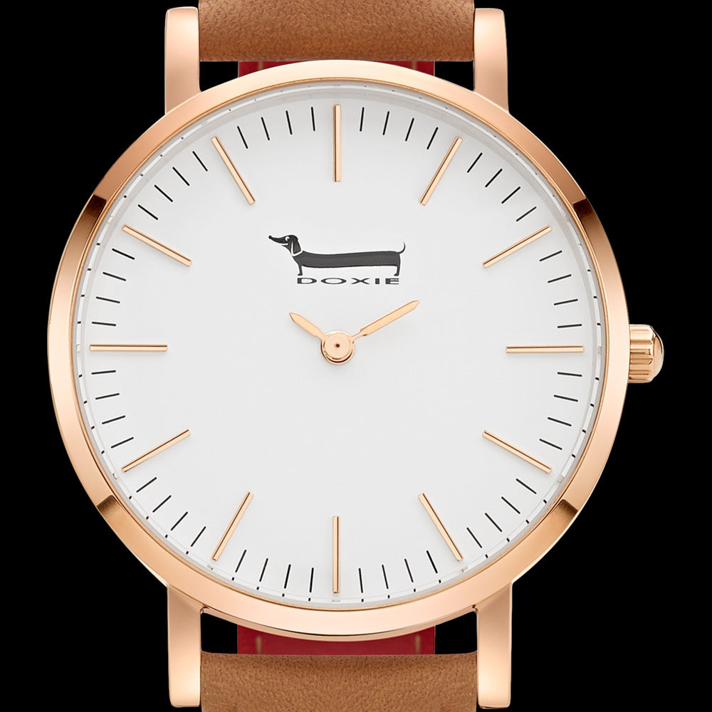 DOXIE ELLA ROSE GOLD TAN 40MM WATCH - DIAL CLOSE-UP