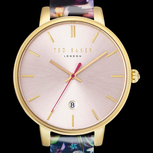 TED BAKER KATE GOLD PINK DIAL FLORAL LEATHER WATCH - DIAL CLOSE-UP