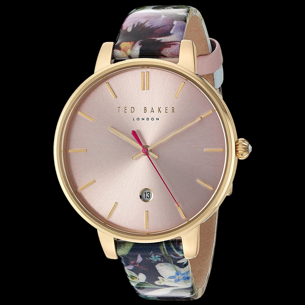 TED BAKER KATE GOLD PINK DIAL FLORAL LEATHER WATCH - TILT VIEW