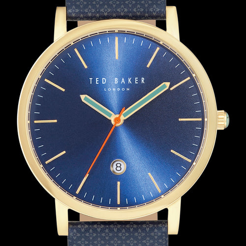 TED BAKER GRAHAM GOLD BLUE DIAL PATTERN LEATHER WATCH - DIAL CLOSE-UP