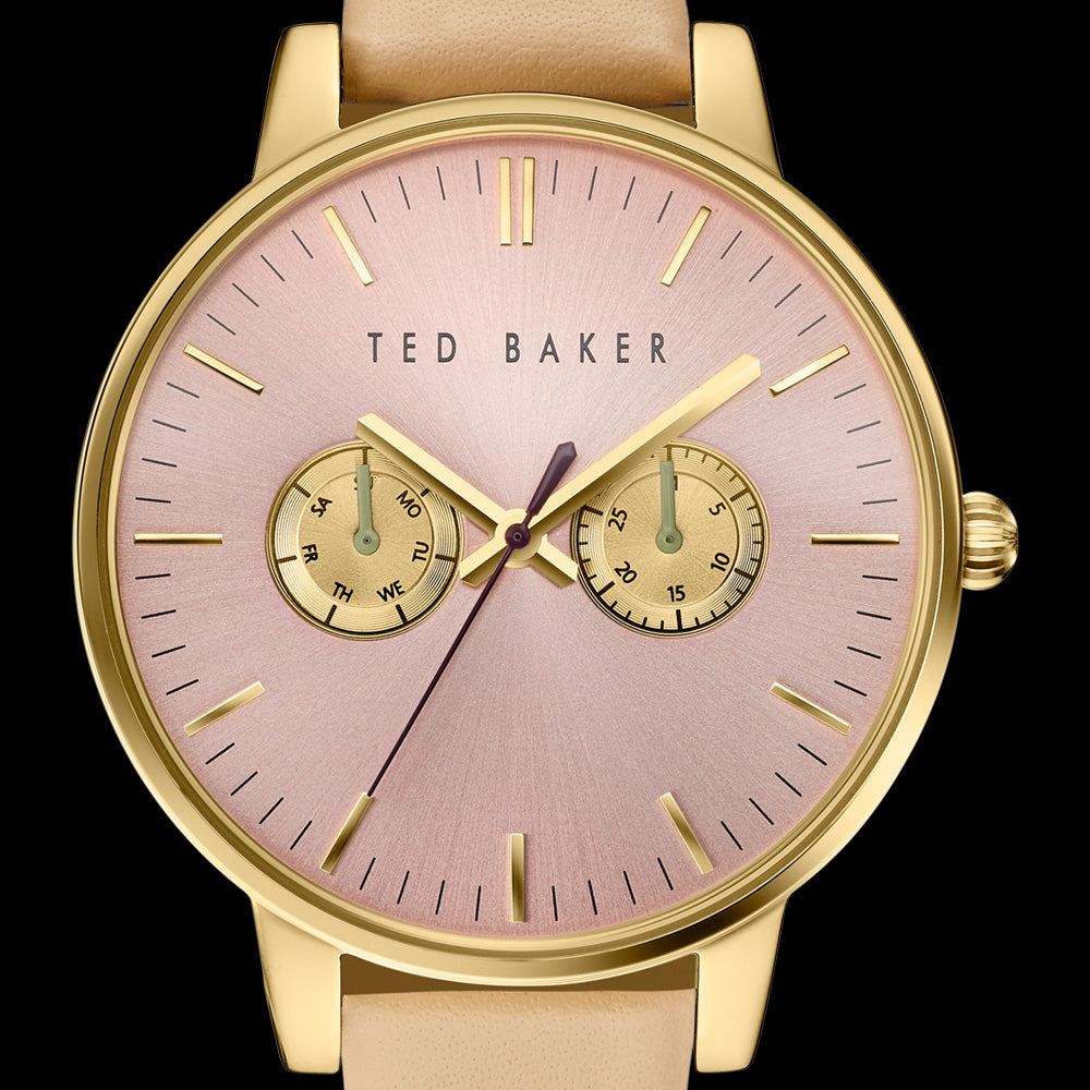 TED BAKER LIZ GOLD PINK DIAL CHRONO CREAM LEATHER WATCH - DIAL CLOSE-UP